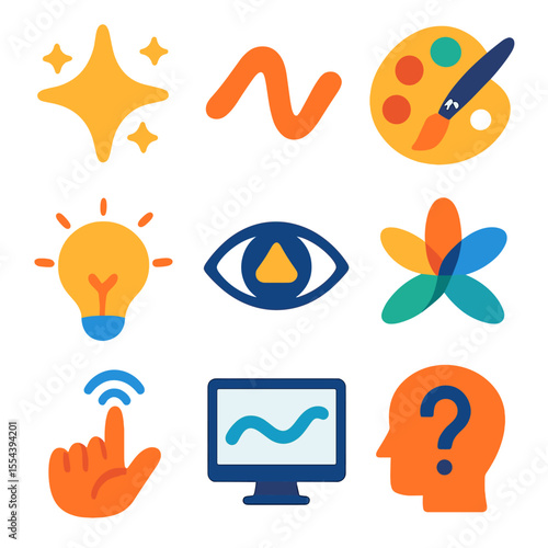 Innovative Icons Grid. Solid, filled icons set of innovation and creativity: spark icon, creative wave, bright