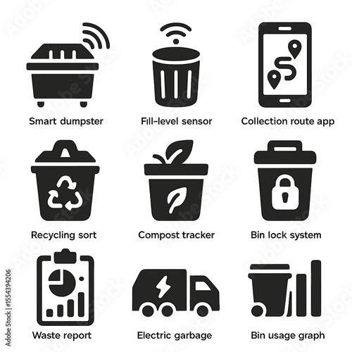 Innovative Waste Management Icons. Solid, filled icons set of waste management innovations: smart dumpster,