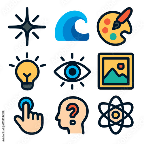 Innovative Icons Grid. Solid, filled icons set of innovation and creativity: spark icon, creative wave, bright