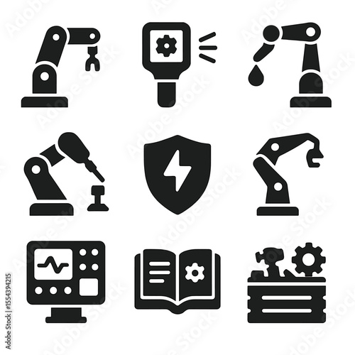 Industrial Robot Icons. Solid, filled icons set of industrial robot mechanics: factory bot, inspection scanner