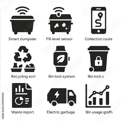Innovative Waste Management Icons. Solid, filled icons set of waste management innovations: smart dumpster,