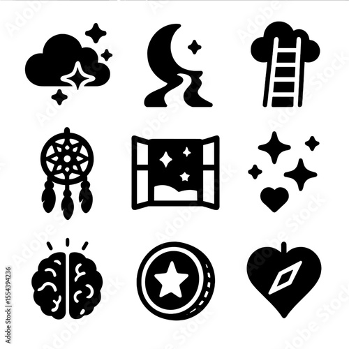 Inspiring Dreams Icons. Solid, filled icons set of inspiring dreams: cloud with sparkles, moonlight path,