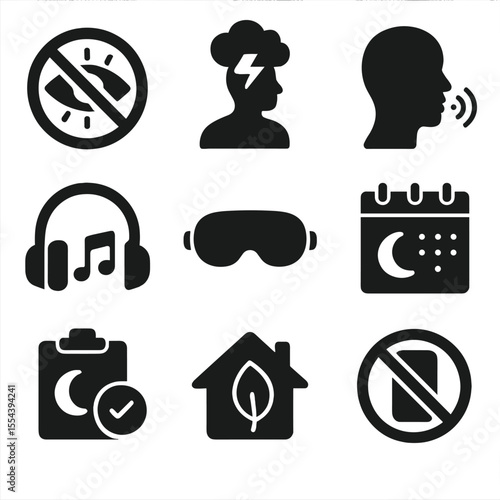Insomnia Prevention Icons. Solid, filled icons set of insomnia prevention tools: no blue light, anxiety relief