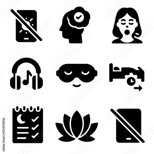 Insomnia Prevention Icons. Solid, filled icons set of insomnia prevention tools: no blue light, anxiety relief