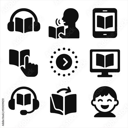 Interactive Reading Icons. Solid, filled icons set of interactive reading programs: audio book, read aloud,