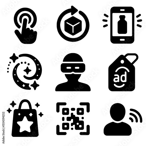 Interactive AR Icons Grid. Solid, filled icons set of interactive AR advertising: interactive icon, brand