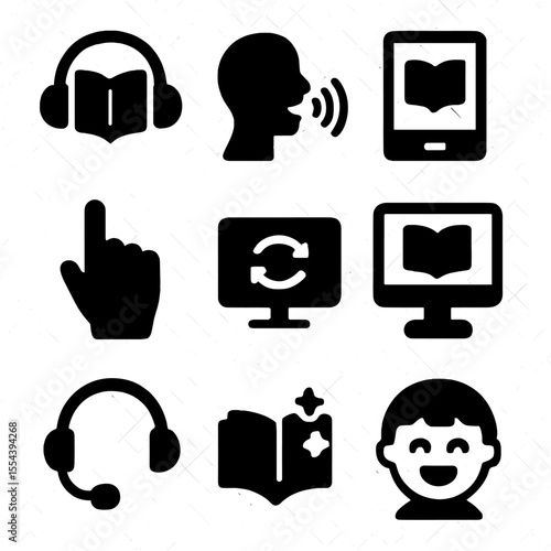 Interactive Reading Icons. Solid, filled icons set of interactive reading programs: audio book, read aloud,