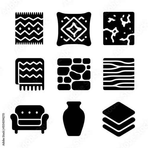 Interior Texture Icons. Solid, filled icons set of layered textures in interior design: woven rug, patterned