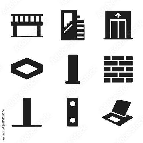 Interior Structure Icons. Solid, filled icons set of interior structural elements: mezzanine floor, stair core