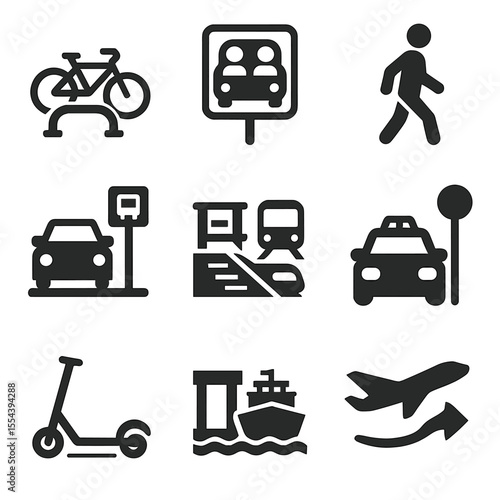 Intermodal Icon Grid. Solid, filled icons set of intermodal connections: bike rack, carpool sign, pedestrian