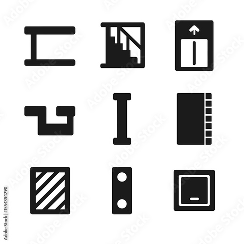 Interior Structure Icons. Solid, filled icons set of interior structural elements: mezzanine floor, stair core