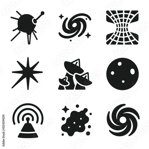 Interstellar Mission Icons. Solid, filled icons set of interstellar missions: deep space probe, galaxy icon,