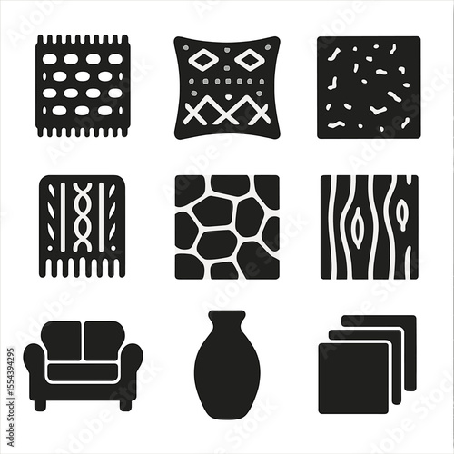 Interior Texture Icons. Solid, filled icons set of layered textures in interior design: woven rug, patterned
