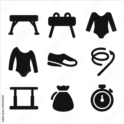 Kids Gymnastics Icons. Solid, filled icons set of kids gymnastics: balance beam, pommel horse, gym mat,