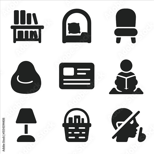 Kids Reading Icons. Solid, filled icons set of reading spaces for kids: library shelf, reading nook, child’s