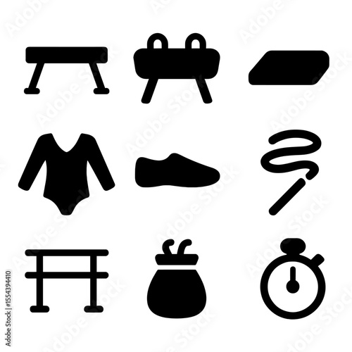 Kids Gymnastics Icons. Solid, filled icons set of kids gymnastics: balance beam, pommel horse, gym mat,