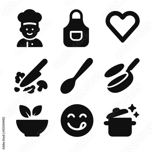 Kitchen Icon Set. Solid, filled icons set of kitchen and cooking: mini chef, little apron, cookie cutter,
