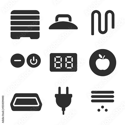 Kitchen Dehydrator Icons. Solid, filled icons set of kitchen dehydrator tools: multi-layer dehydrator, lid