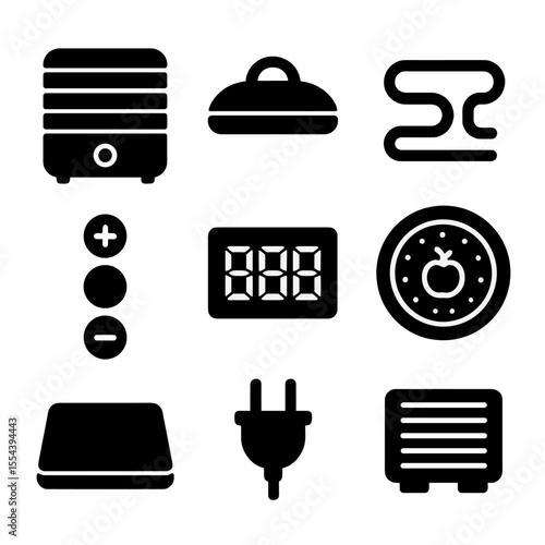 Kitchen Dehydrator Icons. Solid, filled icons set of kitchen dehydrator tools: multi-layer dehydrator, lid