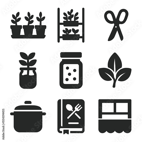 Kitchen Garden Icons. Solid, filled icons set of kitchen garden ideas: herb pots, vertical herb shelf, kitchen