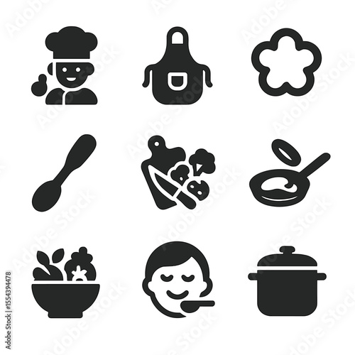 Kitchen Icon Set. Solid, filled icons set of kitchen and cooking: mini chef, little apron, cookie cutter,