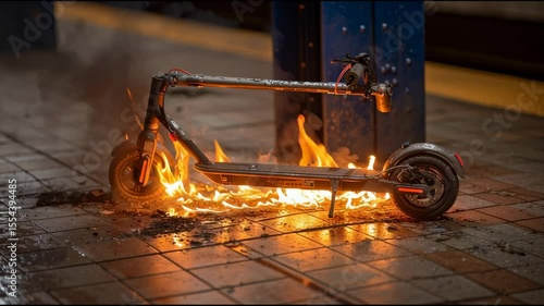A smoldering electric scooter battery lies on the subway floor, releasing faint smoke and warning of the serious fire risks and damage caused by overheating devices.
