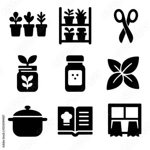 Kitchen Garden Icons. Solid, filled icons set of kitchen garden ideas: herb pots, vertical herb shelf, kitchen