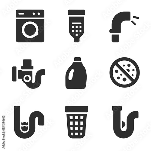 Laundry System Icons. Solid, filled icons set of laundry drain systems: washing machine pipe, lint trap, hose