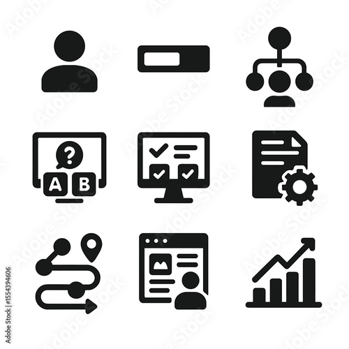 Learning Platform Icons. Solid, filled icons set of personalized learning platforms: profile icon, progress