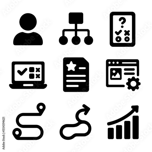 Learning Platform Icons. Solid, filled icons set of personalized learning platforms: profile icon, progress