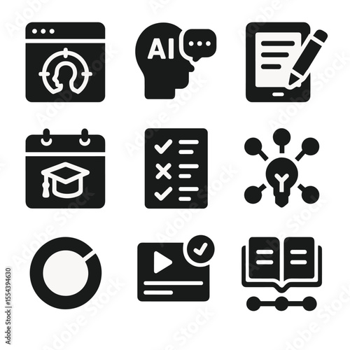 Learning Tools Icons. Solid, filled icons set of learning and education twins: skill tracker, AI tutor,
