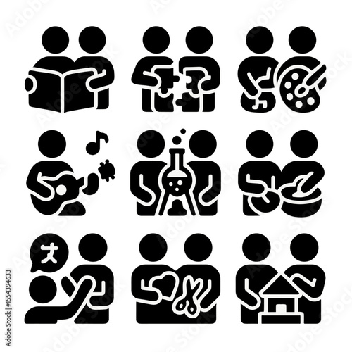 Learning Icons Set. Solid, filled icons set of learning and exploring together: shared book, puzzle time,