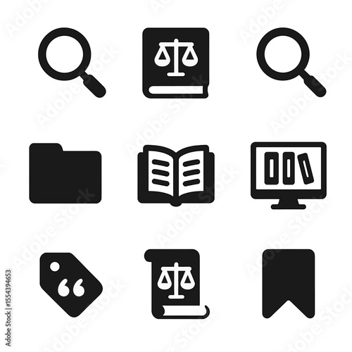 Legal Research Icons. Solid, filled icons set of legal research tools: magnifying glass, law journal, search