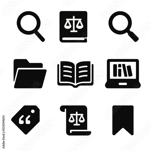 Legal Research Icons. Solid, filled icons set of legal research tools: magnifying glass, law journal, search