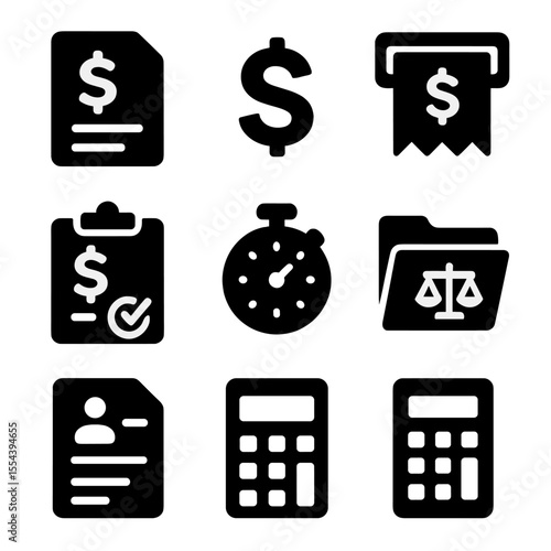 Legal Billing Icons. Solid, filled icons set of legal billing and invoicing: invoice sheet, dollar sign,