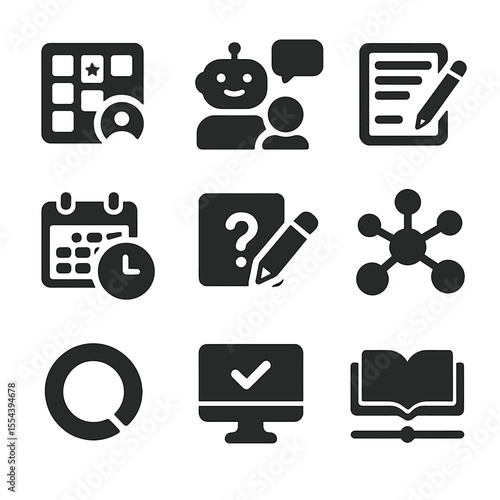 Learning Tools Icons. Solid, filled icons set of learning and education twins: skill tracker, AI tutor,