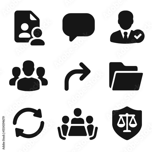 Legal Team Icons. Solid, filled icons set of legal team collaboration: shared file icon, chat bubble, task