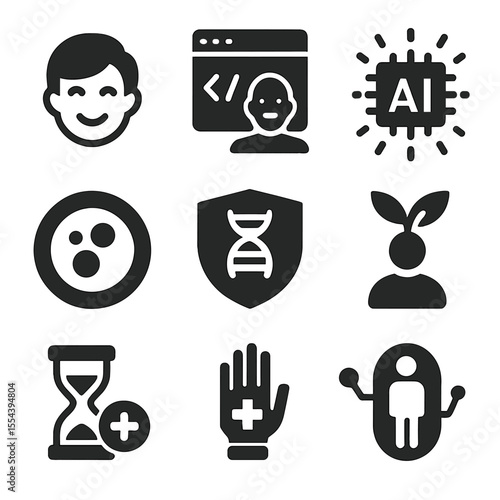 Longevity and AI Icons. Solid, filled icons set of longevity and AI: youth icon, anti-aging code, AI wellness,