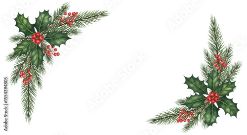Festive Christmas corner decoration with holly and spruce isolated PNG with Transparent Background