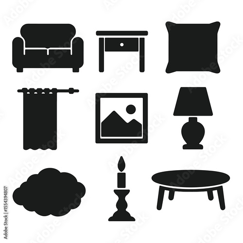 Lounge Decor Icons. Solid, filled icons set of interior lounge decor: sofa silhouette, end table, throw pillow