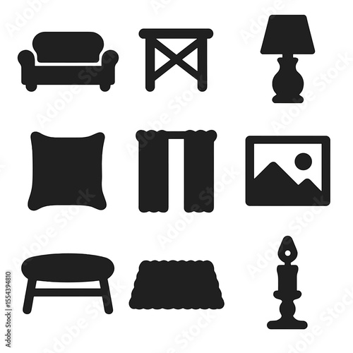 Lounge Decor Icons. Solid, filled icons set of interior lounge decor: sofa silhouette, end table, throw pillow
