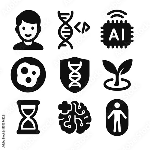 Longevity and AI Icons. Solid, filled icons set of longevity and AI: youth icon, anti-aging code, AI wellness,