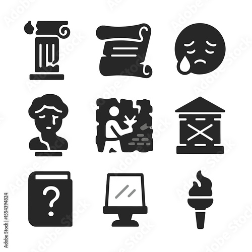 Lost Heritage Icons. Solid, filled icons set of lamenting the loss of cultural heritage: broken monument,