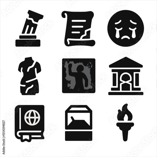 Lost Heritage Icons. Solid, filled icons set of lamenting the loss of cultural heritage: broken monument,