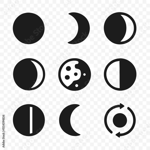 Lunar Phases Icons. Solid, filled icons set of lunar phases: new moon, waxing crescent, first quarter, waxing