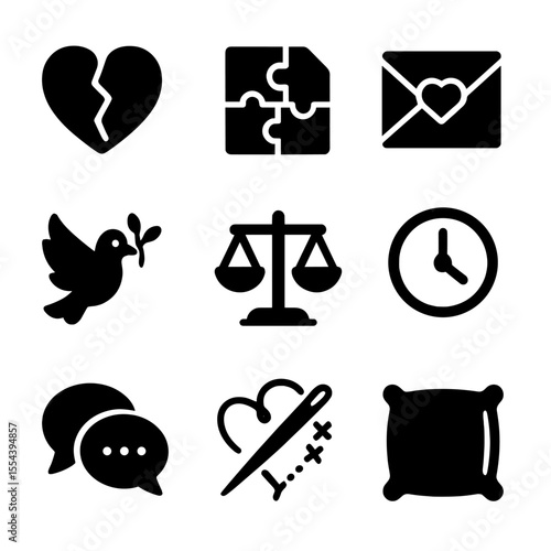 Love Conflict Icons. Solid, filled icons set of conflict resolution in love: broken heart, puzzle pieces,