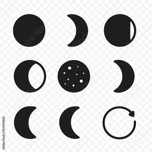 Lunar Phases Icons. Solid, filled icons set of lunar phases: new moon, waxing crescent, first quarter, waxing