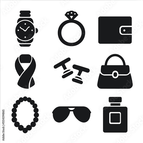 Luxury Accessories Icons. Solid, filled icons set of luxury accessories for men and women: designer watch,