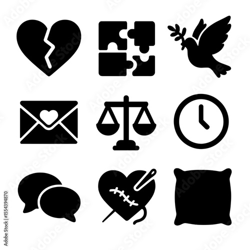 Love Conflict Icons. Solid, filled icons set of conflict resolution in love: broken heart, puzzle pieces,