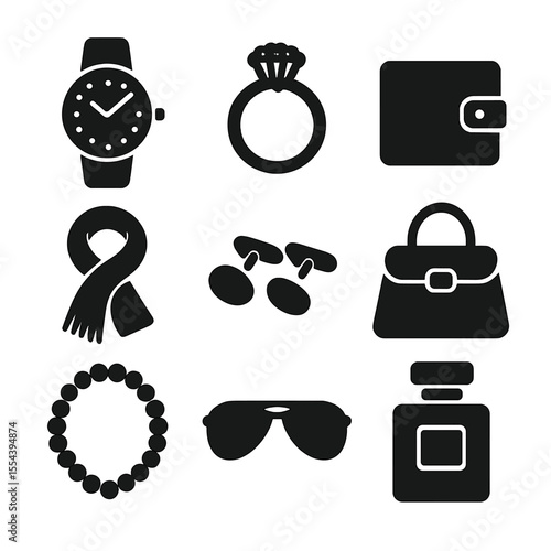 Luxury Accessories Icons. Solid, filled icons set of luxury accessories for men and women: designer watch,